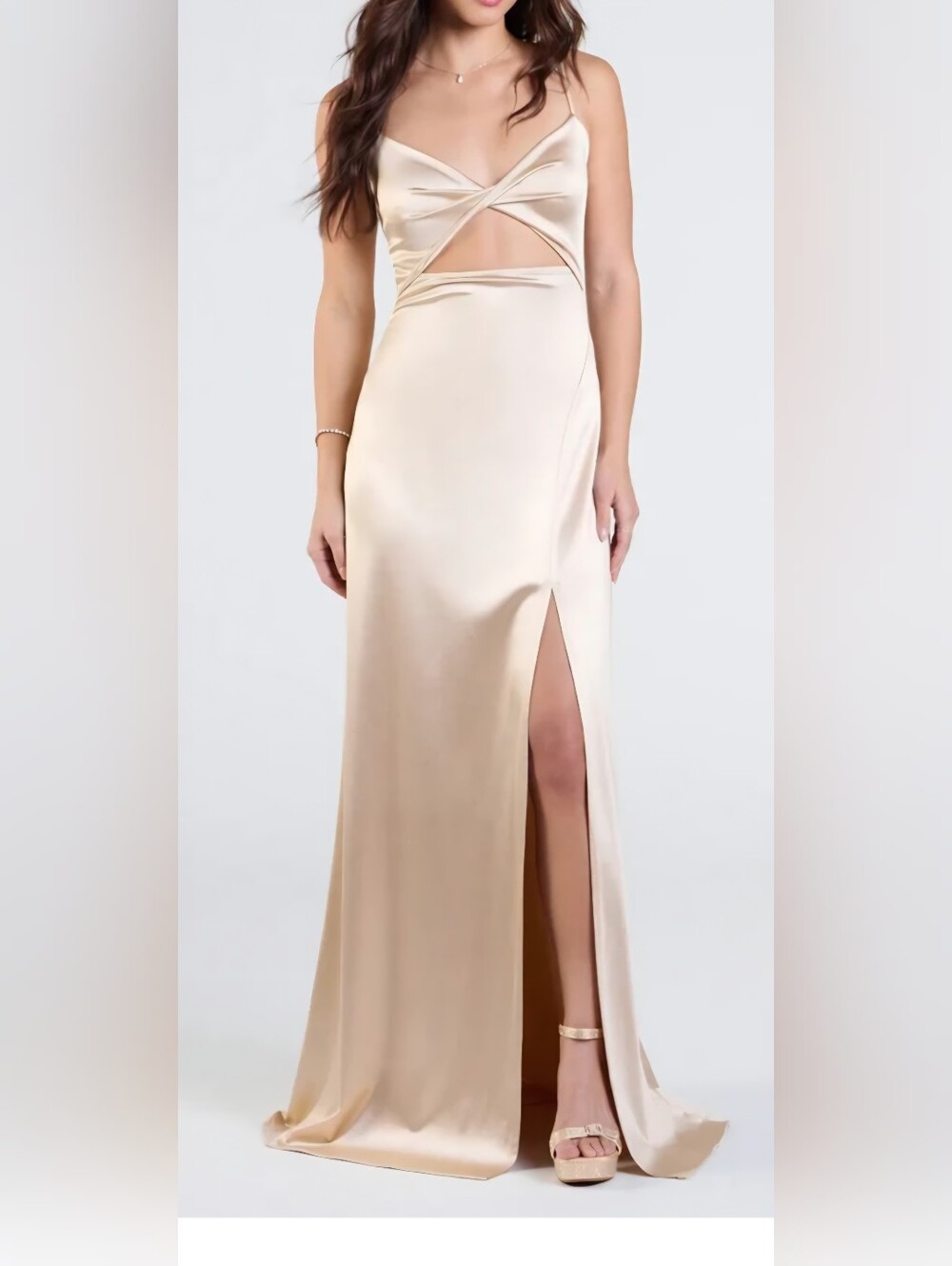 Windsor Champagne Satin Cutout Maxi Skirt with High Slit